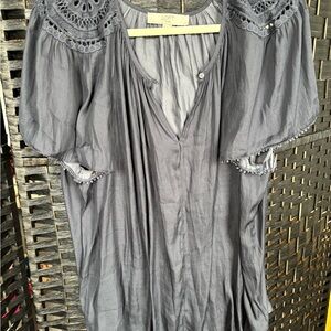 LOFT Charcoal Blouse with Lace Accents
